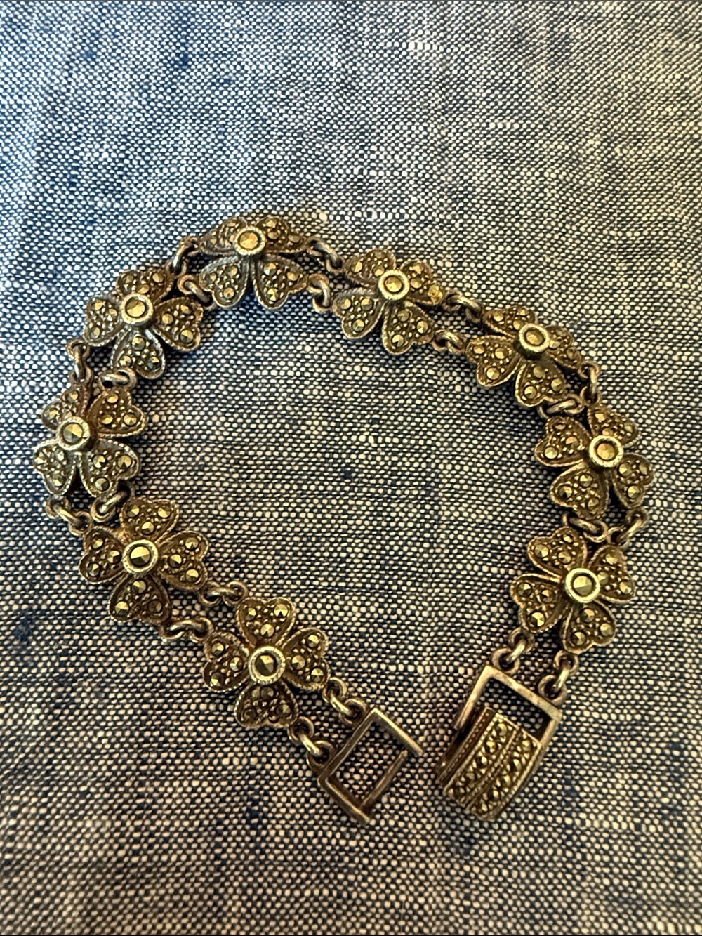 Vintage ND 925 Sterling Silver Lucky Four-Leaf Clover Marcasite Link Bracelet